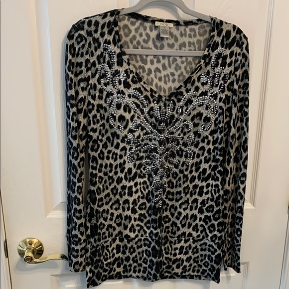 Cache Black and Gray Leopard Print Top with Silver Stud Design size M Bodycon - Picture 1 of 6